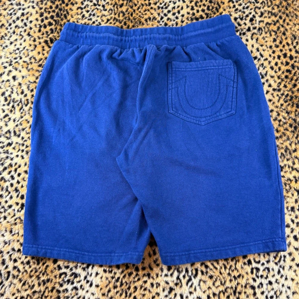 True Religion Mens Royal Blue Fleece Sweat Shorts Horseshoe Logo Size L 1238